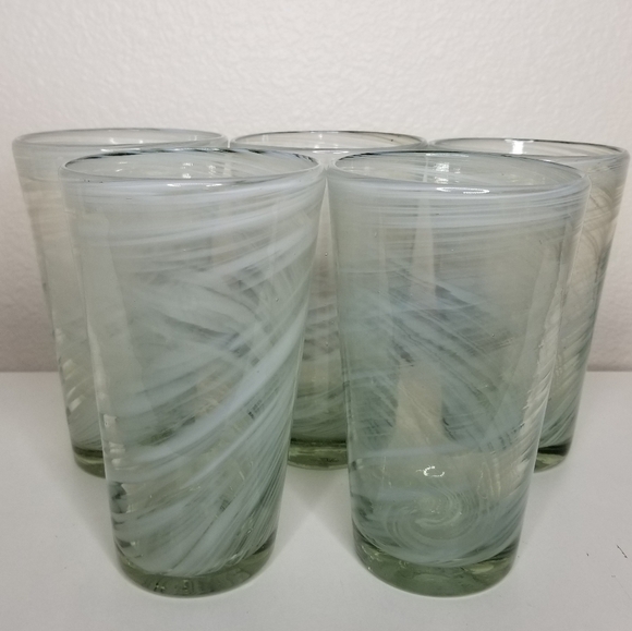 Hand Blown Art Glass White Swirl Tea Water Tumbler 16oz Set of 5 - Picture 5 of 9